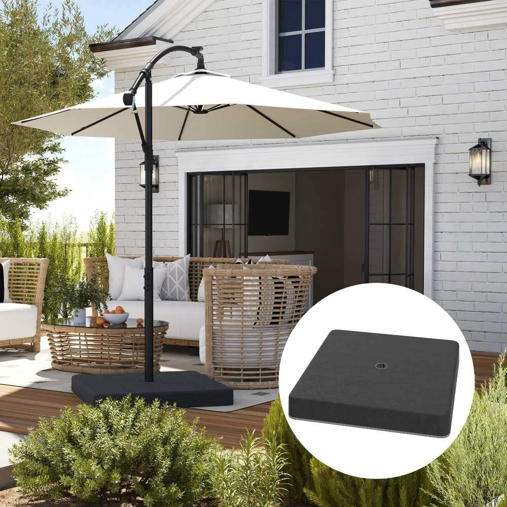 Outsunny 4 dalių skėčio stovas, atsparus vandeniui, skėčio svoris, skėčio stovas svirtiniam skėčiui, pagrindas užpildomas smėliu iki 80 kg, svirtinio skėčio stovas, plastikinis skėčio pagrindas, juodas