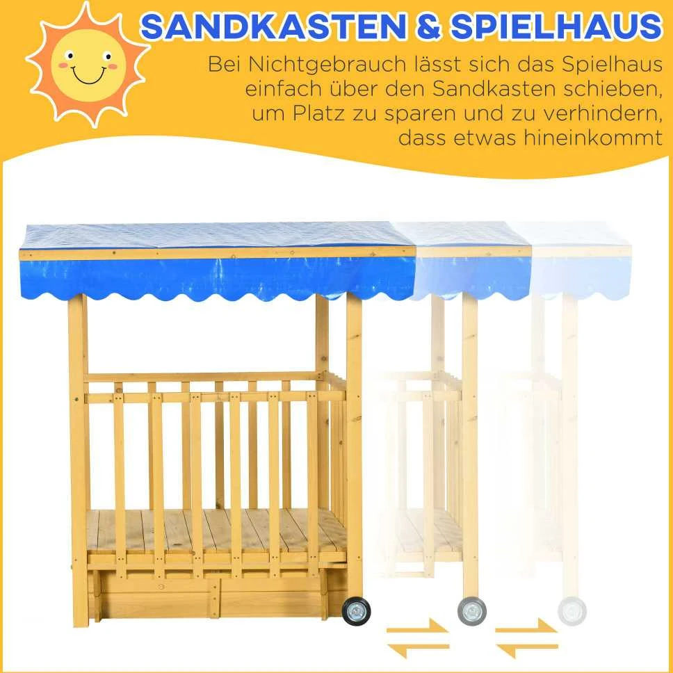 Outsunny smėlio dėžė su stogu, medinė smėlio dėžė su žaidimų nameliu, ratukais, 3-8 metų vaikams, 133x129x137,5 cm, sodui, natūrali