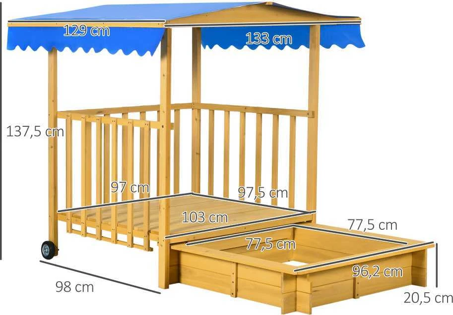Outsunny smėlio dėžė su stogu, medinė smėlio dėžė su žaidimų nameliu, ratukais, 3-8 metų vaikams, 133x129x137,5 cm, sodui, natūrali