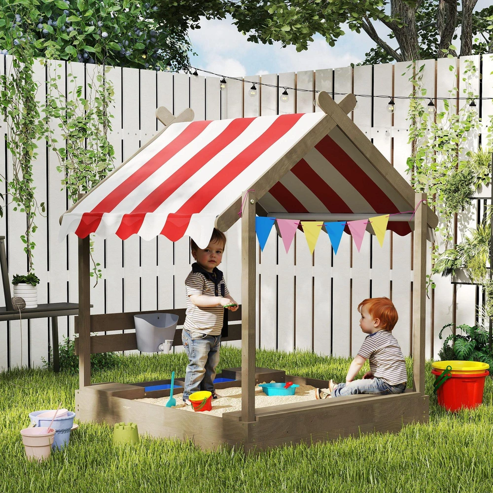 Outsunny smėlio dėžė su stogu, medinė smėlio dėžė su sėdimąja dalimi, žaidimų namelis, 124 x 116 x 146 cm smėlio dėžė su lenta 3-7 metų vaikams, sodui, pilka