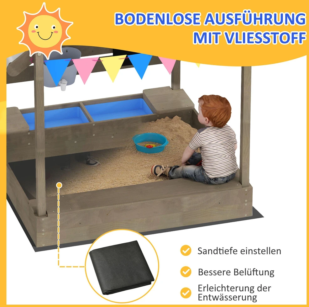 Outsunny smėlio dėžė su stogu, medinė smėlio dėžė su sėdimąja dalimi, žaidimų namelis, 124 x 116 x 146 cm smėlio dėžė su lenta 3-7 metų vaikams, sodui, pilka