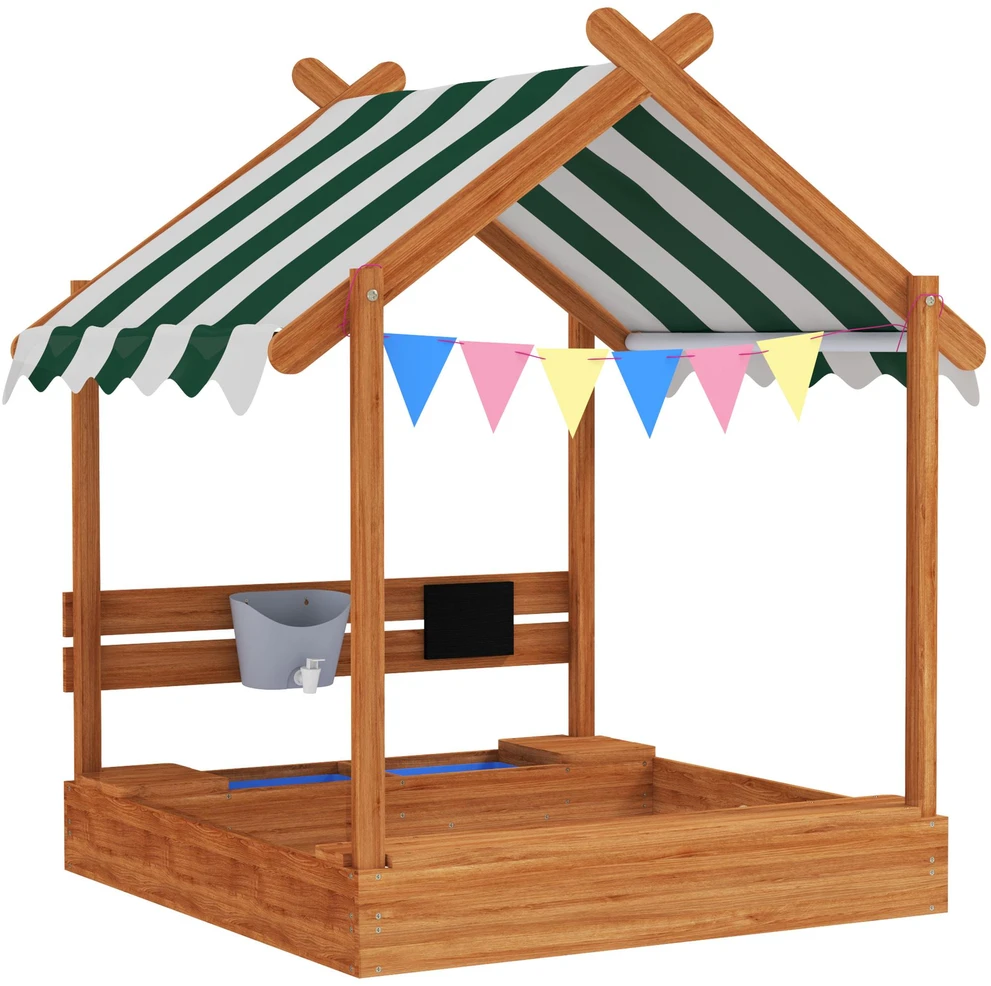 Outsunny smėlio dėžė su stogu, medinė smėlio dėžė su sėdimąja vieta, žaidimų namelis, 124 x 116 x 146 cm, smėlio dėžė su lenta 3-7 metų vaikams, sodui, oranžinė