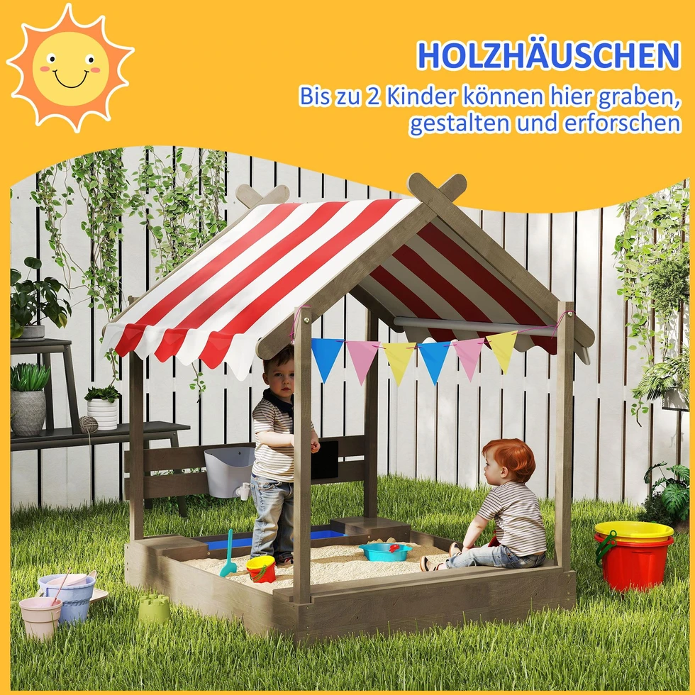 Outsunny smėlio dėžė su stogu, medinė smėlio dėžė su sėdimąja dalimi, žaidimų namelis, 124 x 116 x 146 cm smėlio dėžė su lenta 3-7 metų vaikams, sodui, pilka