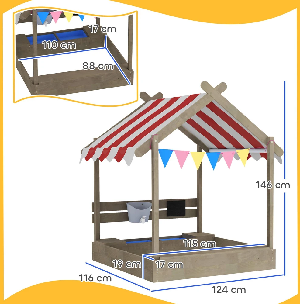 Outsunny smėlio dėžė su stogu, medinė smėlio dėžė su sėdimąja dalimi, žaidimų namelis, 124 x 116 x 146 cm smėlio dėžė su lenta 3-7 metų vaikams, sodui, pilka