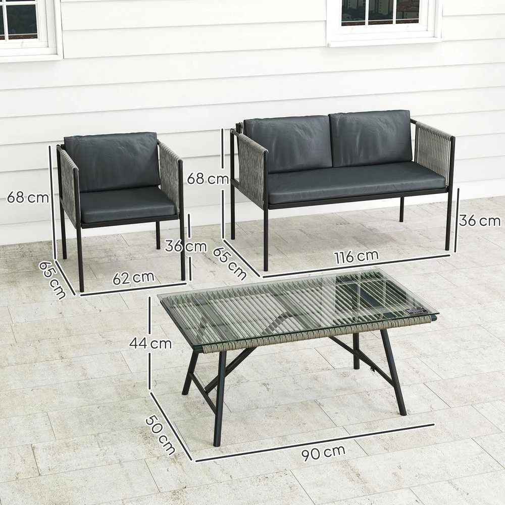 Lauko baldų komplektas „Outsunny“ polirango sodo baldų komplektas, poilsio baldų rinkinys su 2 vietų sofa, foteliu, stikliniu stalu, pagalvėlėmis, atsparus oro sąlygoms, balkonų baldai 4 asmenims, lauko sėdimoji grupė, terasos baldai sodui, balkonui, pilkas