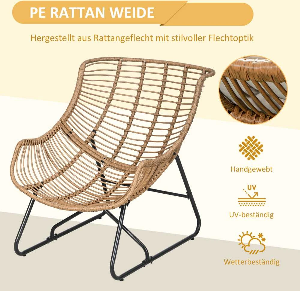 Outsunny rotango fotelis, sodo kėdė su stora sėdimąja pagalve, rotango kėdė, atlaikanti iki 120 kg svorį, balkonui, terasai, plienas, chaki spalva, 75 x 101 x 90 cm