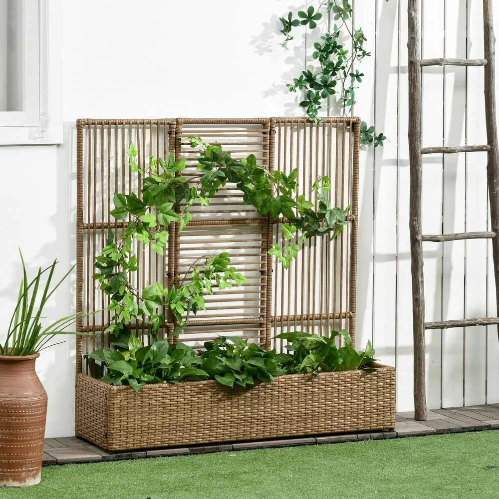 Outsunny poliratano pakelta lysvė su grotelėmis vijokliniams augalams, lovelis gėlėms, vazonas, gėlynas, sodui, balkonui, smėlio spalvos, 103 x 103 x 29 cm