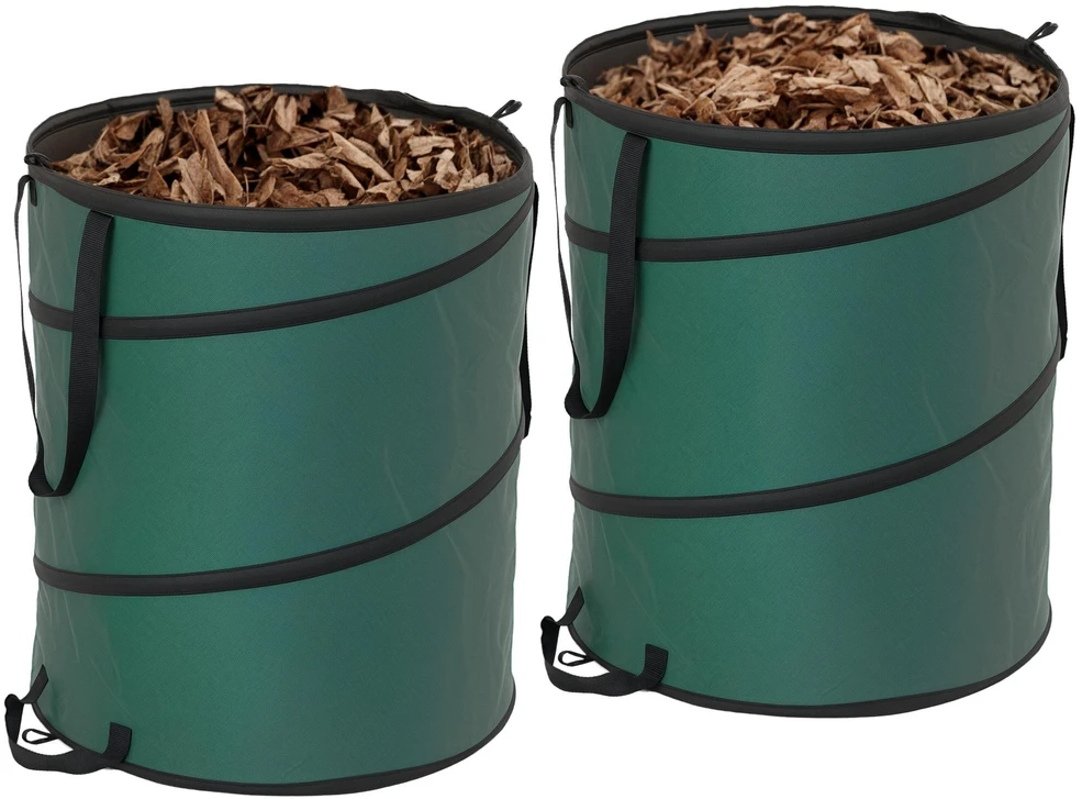 Outsunny sodo maišai 2x160L, vandeniui atsparūs, su užtraukiamu dangčiu ir rankenomis, stabilūs, savaime stovintys, daugkartinio naudojimo maišai sodo atliekoms ir žaliai masei