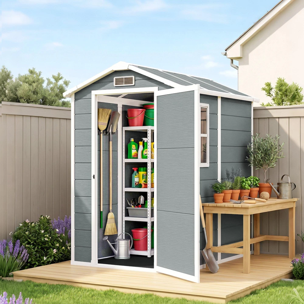Outsunny sodo namelis 2,1m², vandeniui atsparus namelis su grindimis ir šlaitiniu stogu, 131x186x198/172 cm, rakinamas įrankių namelis su langu, aliumininė garažo tipo saugykla dviračiams, pilka