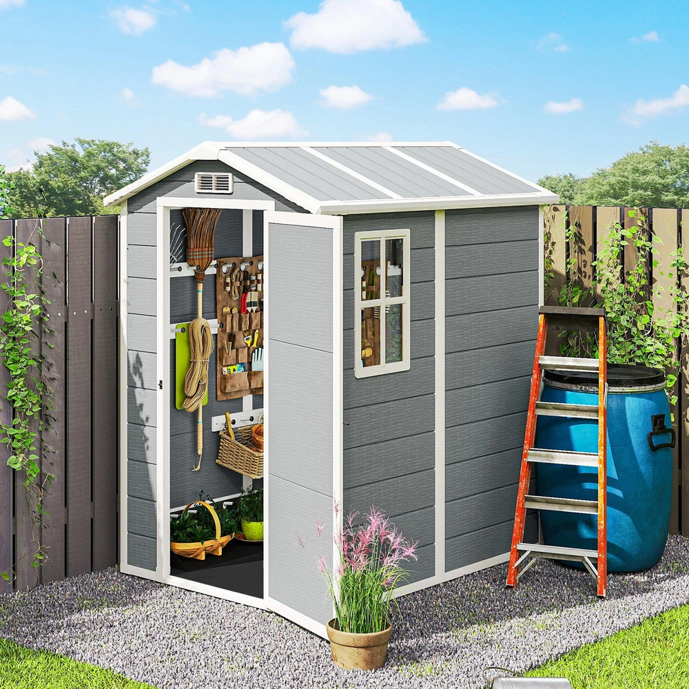 Outsunny sodo namelis 2,1m², vandeniui atsparus namelis su grindimis ir šlaitiniu stogu, 131x186x198/172 cm, rakinamas įrankių namelis su langu, aliumininė garažo tipo saugykla dviračiams, pilka