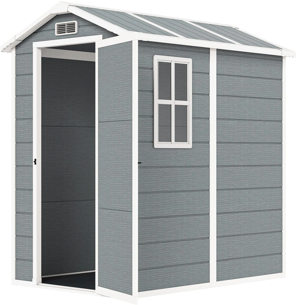 Outsunny sodo namelis 2,1m², vandeniui atsparus namelis su grindimis ir šlaitiniu stogu, 131x186x198/172 cm, rakinamas įrankių namelis su langu, aliumininė garažo tipo saugykla dviračiams, pilka