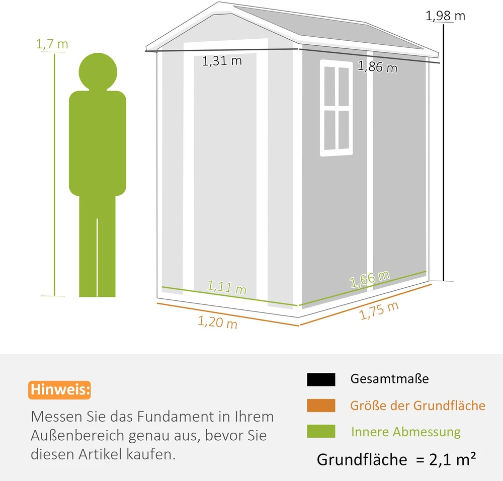 Outsunny sodo namelis 2,1m², vandeniui atsparus namelis su grindimis ir šlaitiniu stogu, 131x186x198/172 cm, rakinamas įrankių namelis su langu, aliumininė garažo tipo saugykla dviračiams, pilka