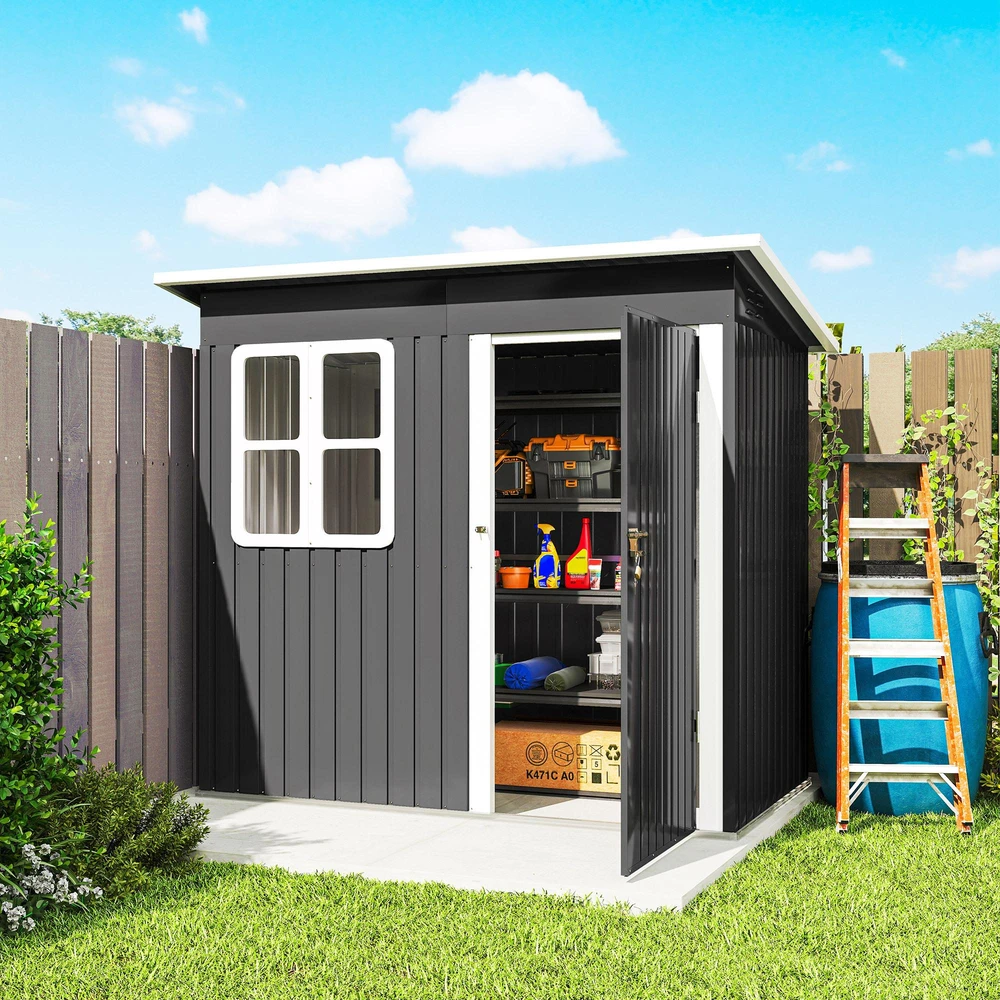 Outsunny sodo namelis 2,55 m², sodo sandėliukas su vienšlaičiu stogu, 221 x 133 x 190/173 cm, rakinamas įrankių namelis su langu, plieno sandėliukas dviračiams, tamsiai pilkas