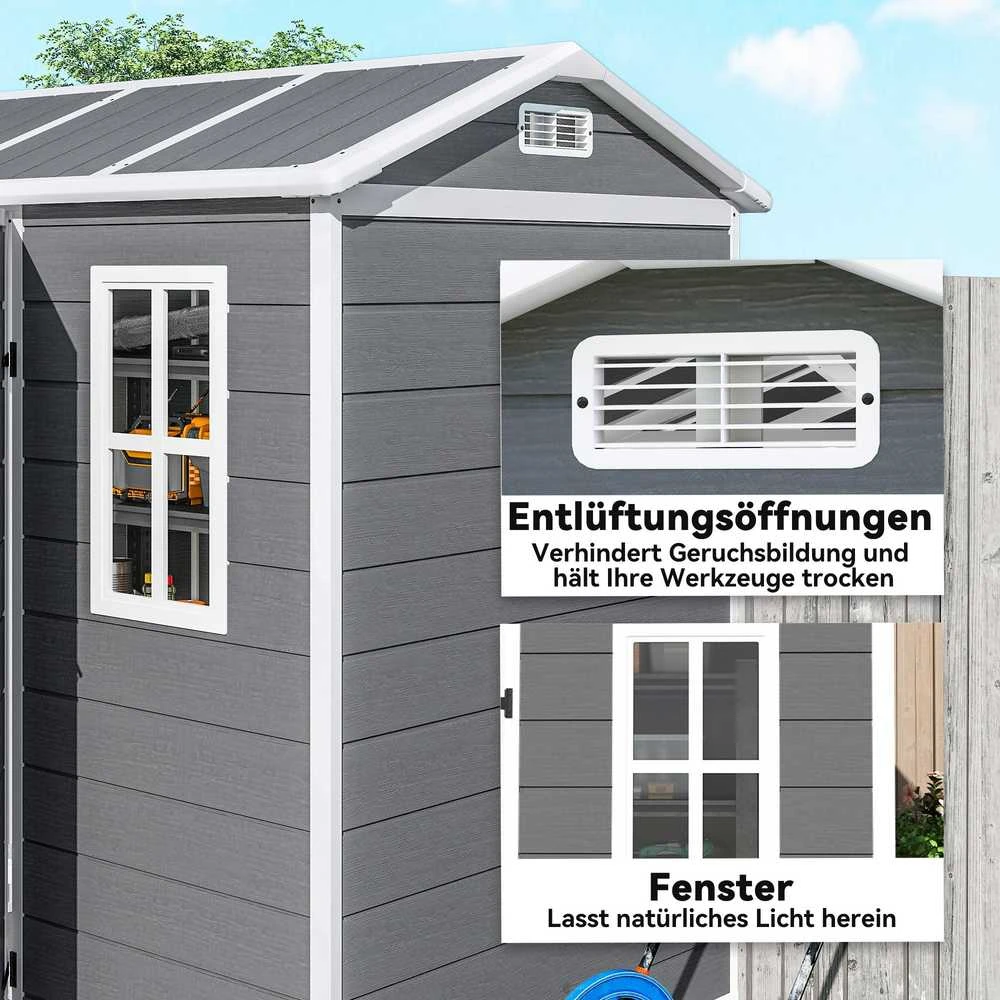 Outsunny plastikinis sodo namelis 2,1m² 186 x 130 x 199 cm, su dvišlaičiu stogu, grindimis, langu ir rakinamomis durimis, atsparus oro sąlygoms, pilkas