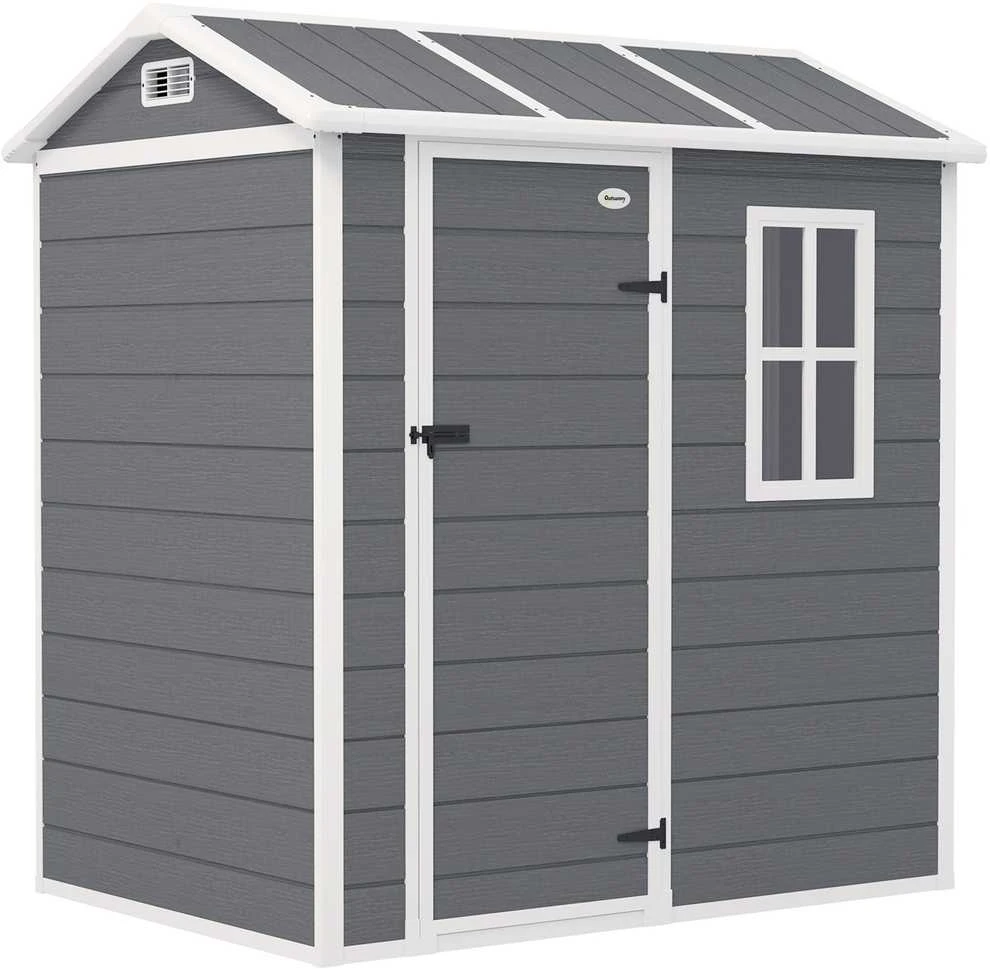 Outsunny plastikinis sodo namelis 2,1m² 186 x 130 x 199 cm, su dvišlaičiu stogu, grindimis, langu ir rakinamomis durimis, atsparus oro sąlygoms, pilkas