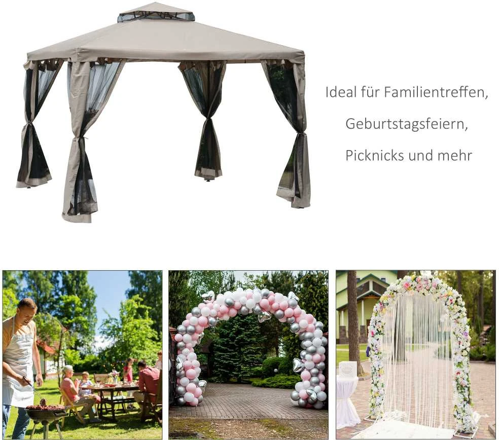 Outsunny sodo pavėsinė 3x3x2,6 m, sodo palapinė su 4 šoninėmis sienelėmis, atspari oro sąlygoms, metalas, poliesteris, pilka