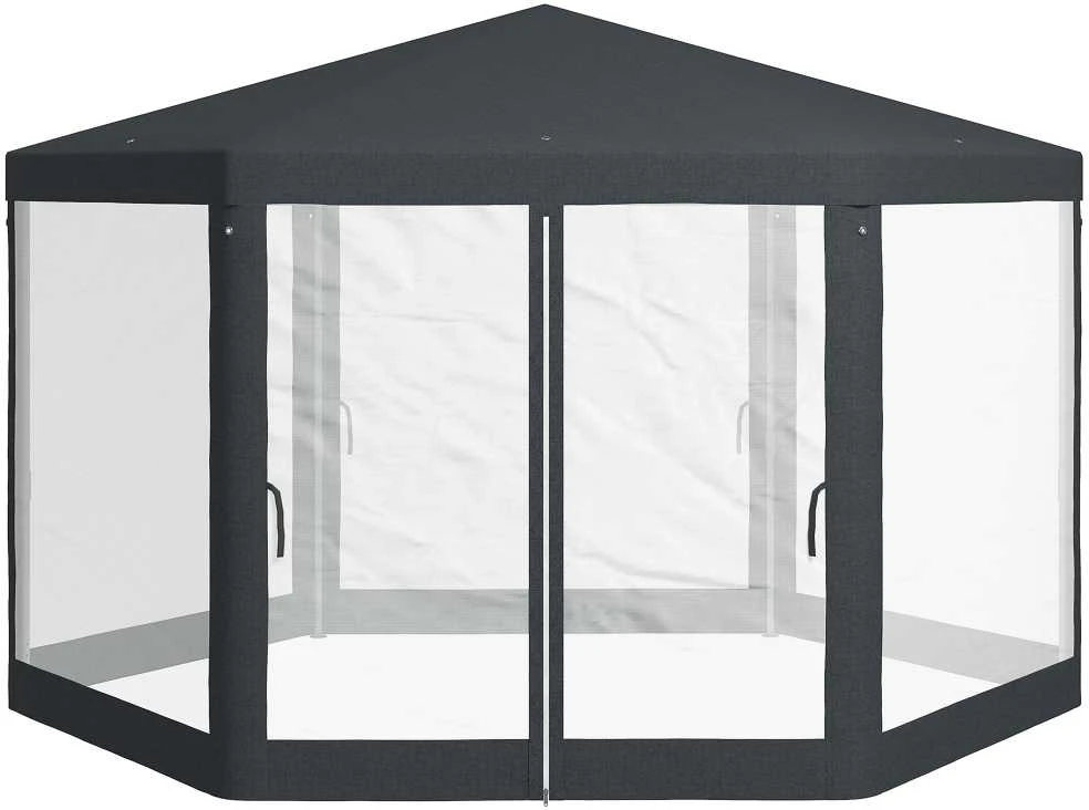 Outsunny paviljonas apie 4 x 4 m sodo paviljonas su tinkleliu nuo uodų vakarėlių palapinė sodo palapinė šventinė palapinė palapinė 6-kampė poliesteris metalas tamsiai pilka