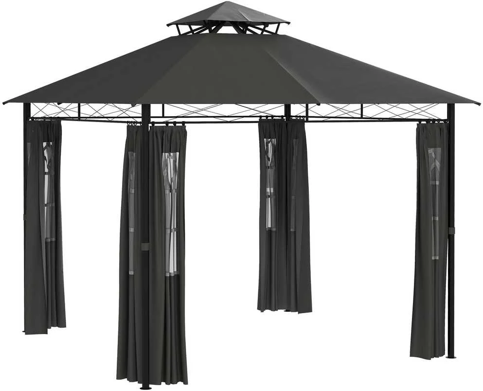 Outsunny paviljonas apie 3 x 3 m, sodo palapinė su šonine sienele, vakarėlių palapinė su dvigubu stogu, atspari oro sąlygoms palapinė, sodo paviljonas, metalinis, tamsiai pilka