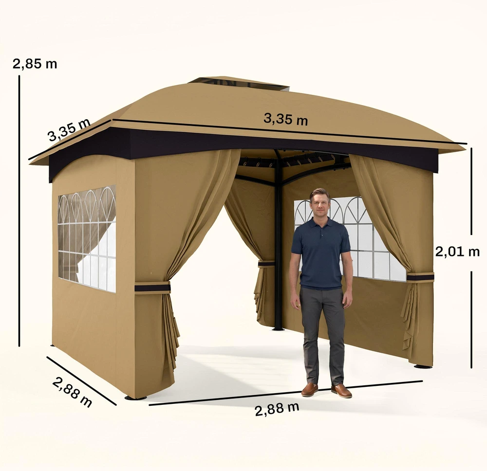 Outsunny sodo pavėsinė, apie 3,4x3,4 m, atspari vandeniui, su 4 šoninėmis sienelėmis, dvigubu stogu, vakarėlių palapinė su UV apsauga, sodo palapinė su cinkuoto metalo rėmu, smėlio spalvos