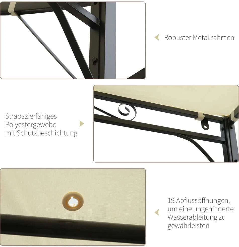 Outsunny pavėsinė, sodo pavėsinė, tentas, saulės tentas su nuleidžiamu šoniniu stogeliu, apsauga nuo UV spindulių, plienas + poliesteris, kreminė balta + juoda, 3 x 2,5 m
