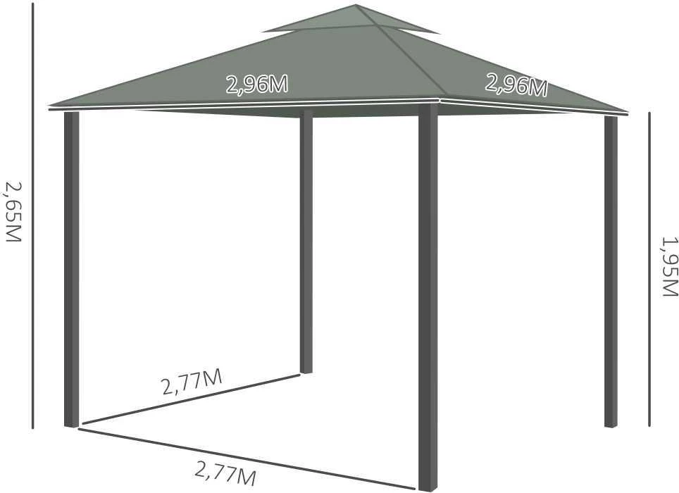 Outsunny sodo pavėsinė 2,96 x 2,96 m, sodo palapinė su dvigubu stogu, šventinė palapinė su 4 šoninėmis sienelėmis, tinklelis nuo uodų, aliuminis, poliesteris
