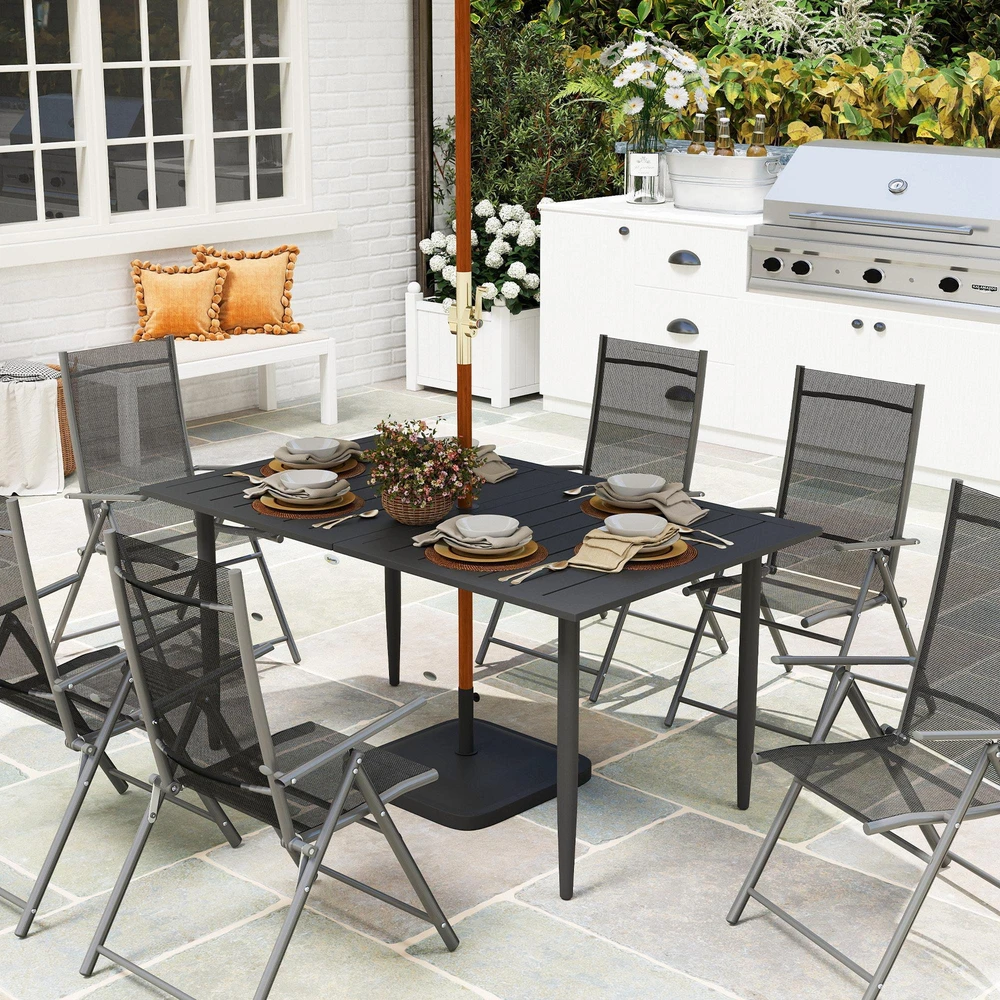 Outsunny sodo stalas 150x90 cm, atsparus oro sąlygoms plieno balkono stalas, balkono stalas su skėčio skyle, grotelių dizainas, lauko kempingo stalas, pagalbinis staliukas, stačiakampis terasos stalas sodui ir balkonui, juodas