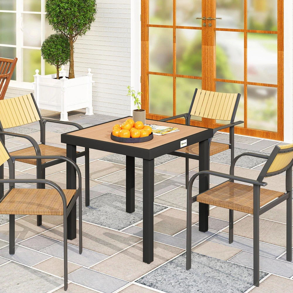 Outsunny sodo stalas 4 asmenims, pietų stalas, aliuminis stalas, sodo baldai, poilsio baldai, lengvai prižiūrimas, plastikas, natūrali + juoda spalva, 80 x 80 x 74 cm