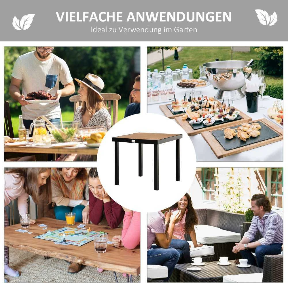Outsunny sodo stalas 4 asmenims, pietų stalas, aliuminis stalas, sodo baldai, poilsio baldai, lengvai prižiūrimas, plastikas, natūrali + juoda spalva, 80 x 80 x 74 cm