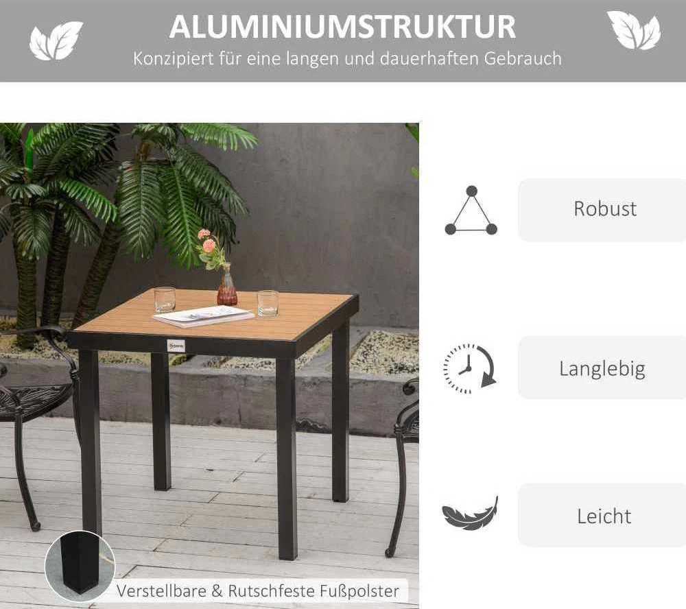 Outsunny sodo stalas 4 asmenims, pietų stalas, aliuminis stalas, sodo baldai, poilsio baldai, lengvai prižiūrimas, plastikas, natūrali + juoda spalva, 80 x 80 x 74 cm