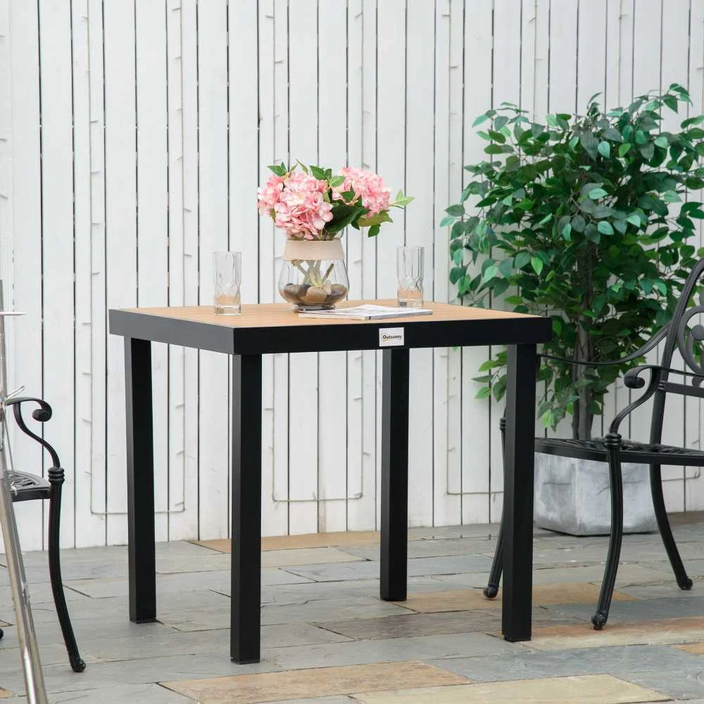 Outsunny sodo stalas 4 asmenims, pietų stalas, aliuminis stalas, sodo baldai, poilsio baldai, lengvai prižiūrimas, plastikas, natūrali + juoda spalva, 80 x 80 x 74 cm