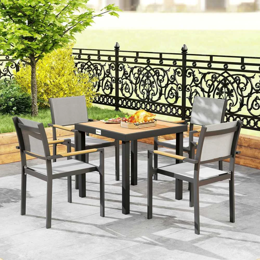 Outsunny sodo stalas 4 asmenims, pietų stalas, aliuminis stalas, sodo baldai, poilsio baldai, lengvai prižiūrimas, plastikas, natūrali + juoda spalva, 80 x 80 x 74 cm