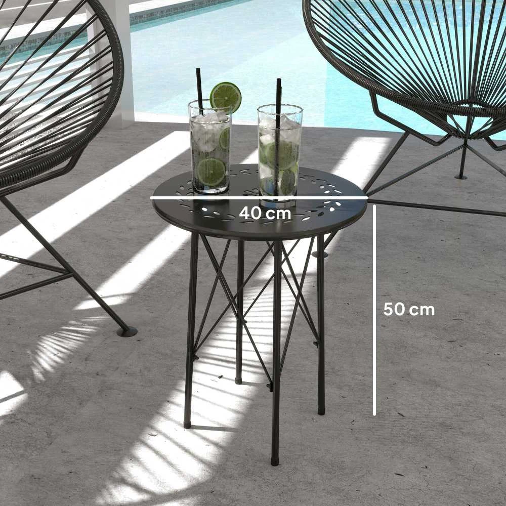 Sodo stalas Outsunny Ø40 x 50 cm, oro sąlygoms atsparus plieno balkono stalas, pagalbinis staliukas su gėlių raštais ir apsauginėmis kojelėmis, apvalus lauko valgomojo stalas, kempingo stalas, terasos stalas sodui, terasai ir balkonui, juodas