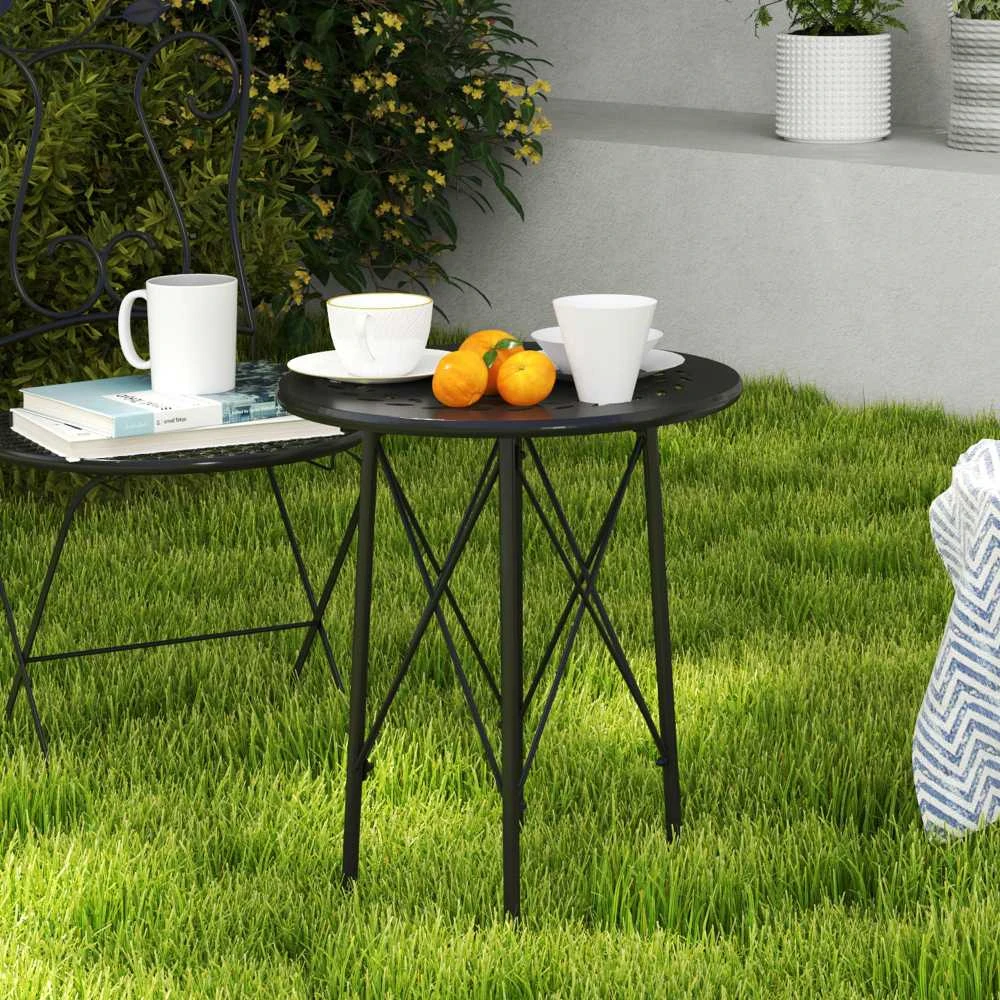 Sodo stalas Outsunny Ø40 x 50 cm, oro sąlygoms atsparus plieno balkono stalas, pagalbinis staliukas su gėlių raštais ir apsauginėmis kojelėmis, apvalus lauko valgomojo stalas, kempingo stalas, terasos stalas sodui, terasai ir balkonui, juodas