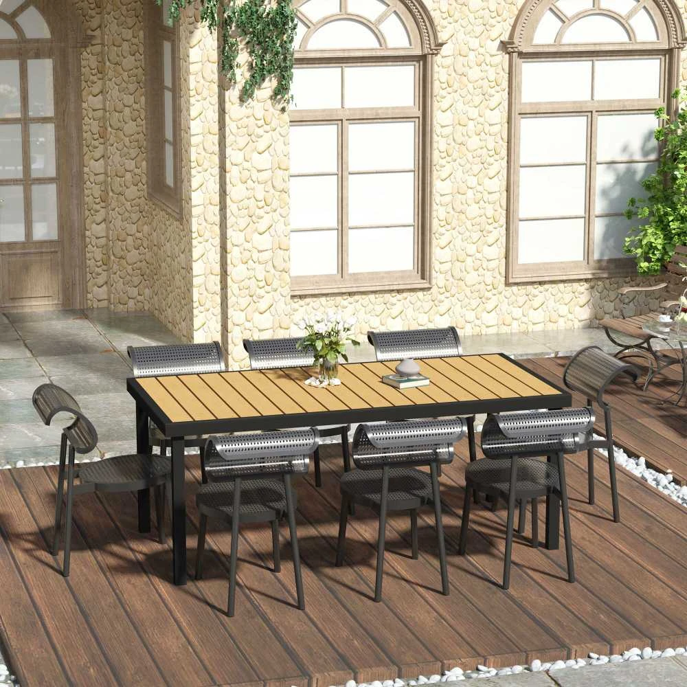 Outsunny sodo stalas 8 asmenims, valgomojo stalas, aliuminis, sodo baldai, terasos baldai, lengvai prižiūrimas, plastikas, natūrali+juoda, 190 x 90 x 74 cm