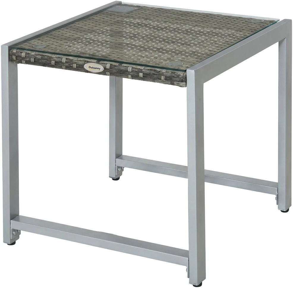 Outsunny® sodo stalas, šoninis staliukas su grūdinto stiklo stalviršiu, poliratanas + aliuminis