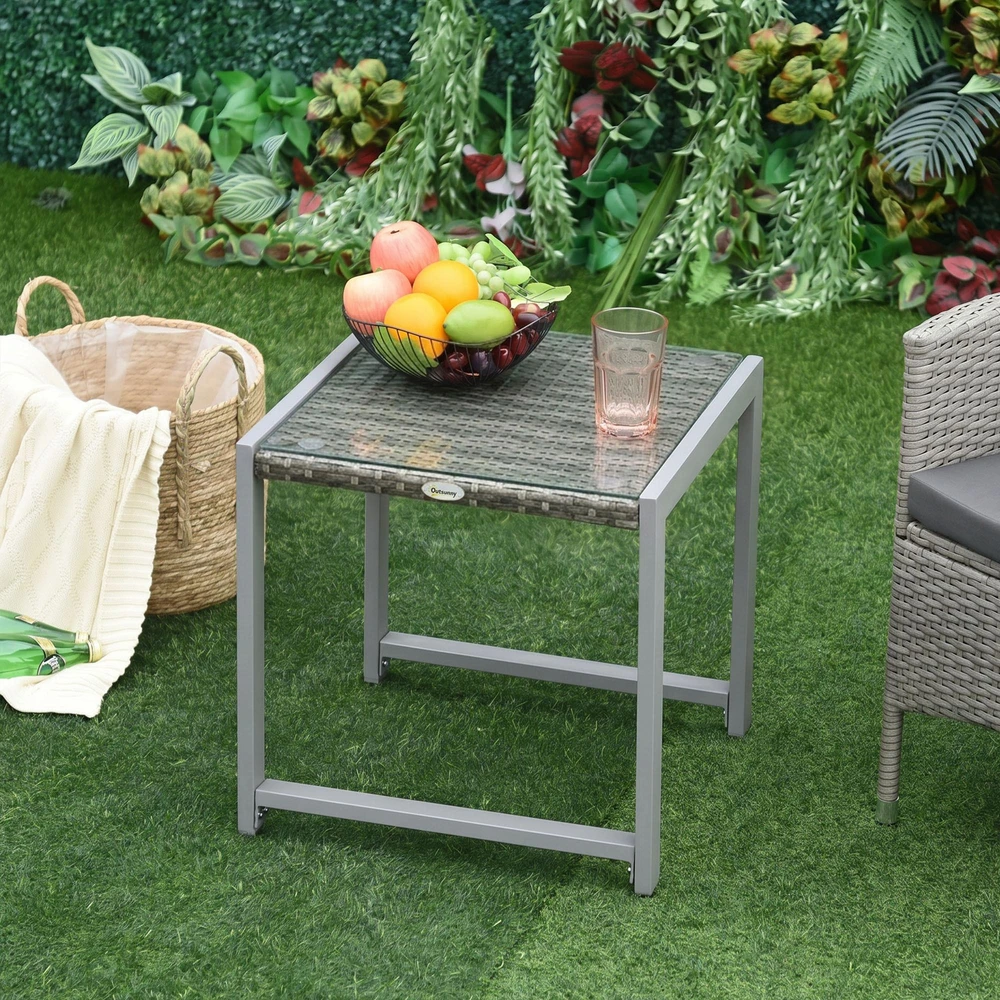 Outsunny® sodo stalas, šoninis staliukas su grūdinto stiklo stalviršiu, poliratanas + aliuminis