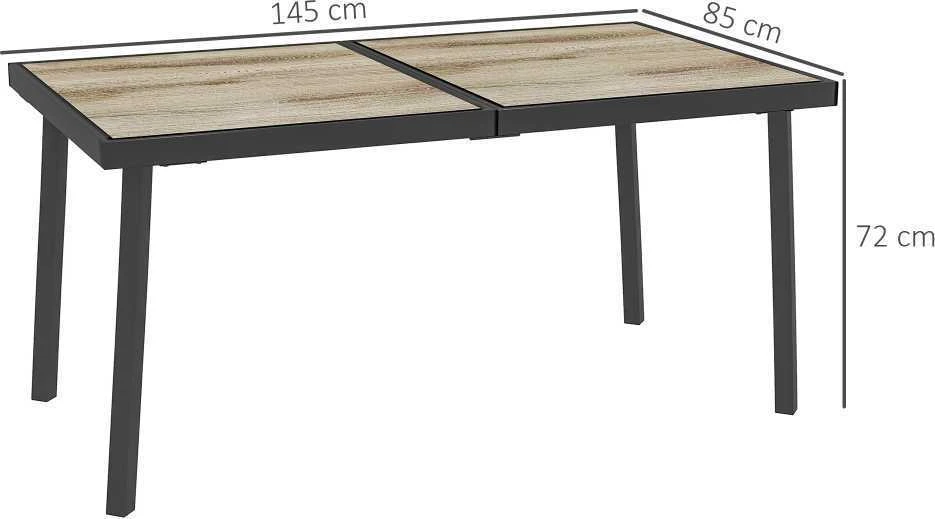 Outsunny sodo stalas, balkono stalas, 145 x 85 cm terasos stalas 6 asmenims, medžio išvaizdos, lauko valgomojo stalas, plieno rėmas, pilkas