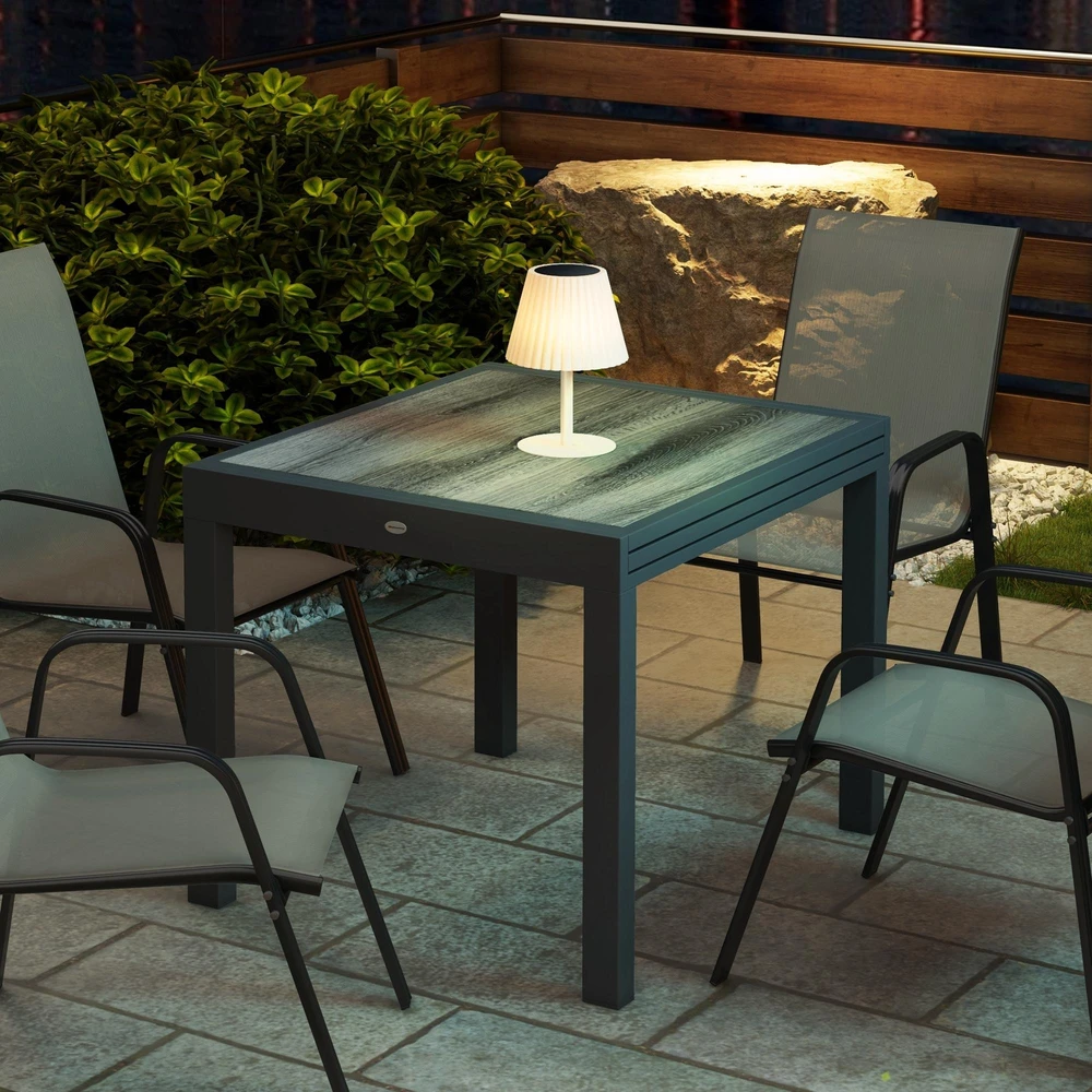 Outsunny sodo stalas, valgomojo stalas sodui su ištraukiamu stalviršiu, terasos stalas su medžio imitacija, aliumininis balkono stalas, smėlio ir pilka spalva, 160 x 80 x 75 cm