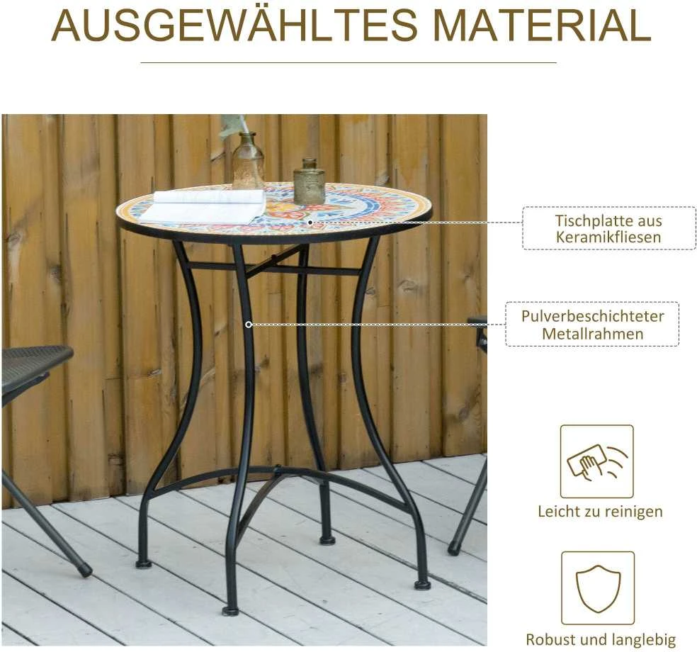 Outsunny sodo stalas, mozaikinis apvalus bistro stalas, pagalbinis staliukas su keraminiu mozaikos paviršiumi, metalinis, raudona+mėlyna+balta spalva, Ø60 cm
