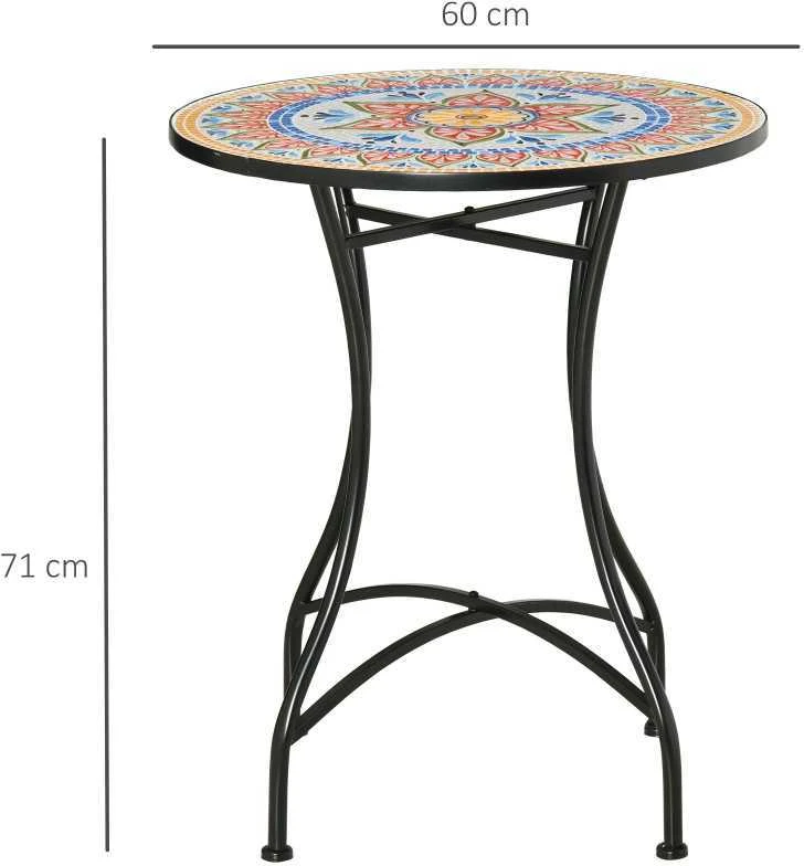 Outsunny sodo stalas, mozaikinis apvalus bistro stalas, pagalbinis staliukas su keraminiu mozaikos paviršiumi, metalinis, raudona+mėlyna+balta spalva, Ø60 cm