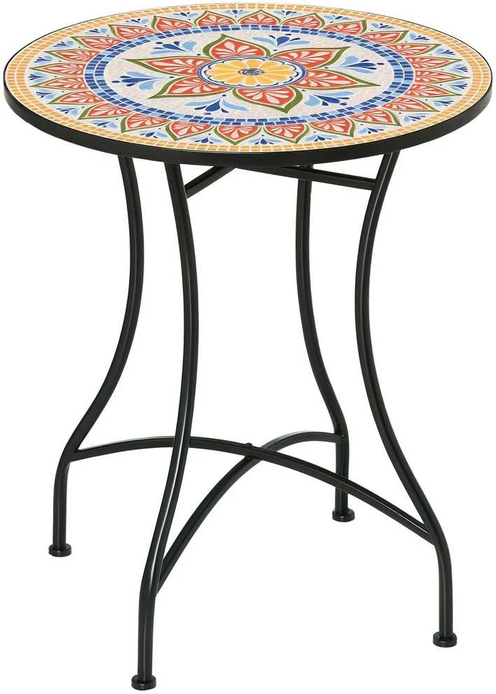 Outsunny sodo stalas, mozaikinis apvalus bistro stalas, pagalbinis staliukas su keraminiu mozaikos paviršiumi, metalinis, raudona+mėlyna+balta spalva, Ø60 cm