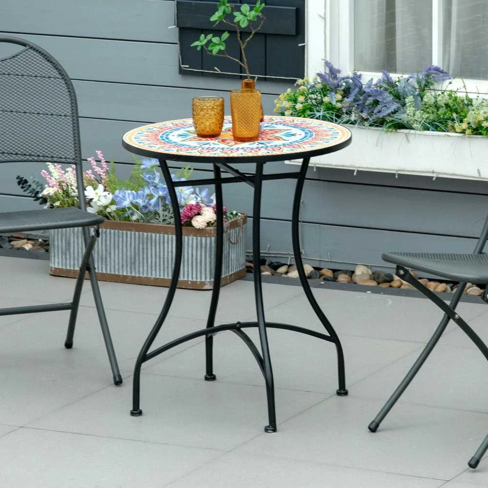 Outsunny sodo stalas, mozaikinis apvalus bistro stalas, pagalbinis staliukas su keraminiu mozaikos paviršiumi, metalinis, raudona+mėlyna+balta spalva, Ø60 cm
