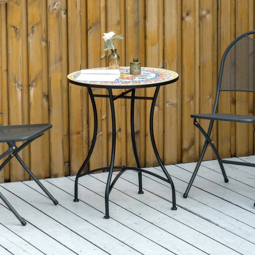 Outsunny sodo stalas, mozaikinis apvalus bistro stalas, pagalbinis staliukas su keraminiu mozaikos paviršiumi, metalinis, raudona+mėlyna+balta spalva, Ø60 cm