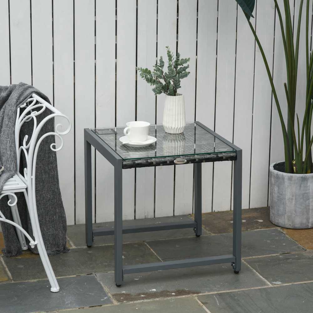 Outsunny® sodo stalas, šoninis staliukas su grūdinto stiklo stalviršiu, poliratanas + aliuminis
