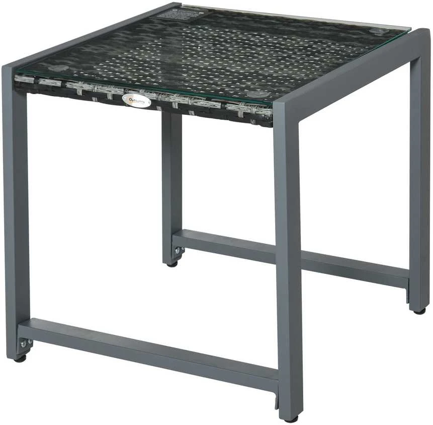 Outsunny® sodo stalas, šoninis staliukas su grūdinto stiklo stalviršiu, poliratanas + aliuminis