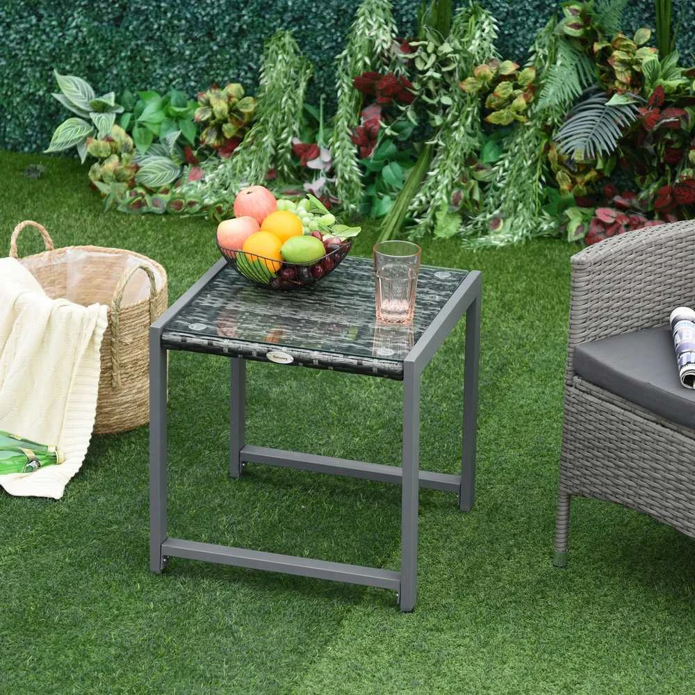 Outsunny® sodo stalas, šoninis staliukas su grūdinto stiklo stalviršiu, poliratanas + aliuminis