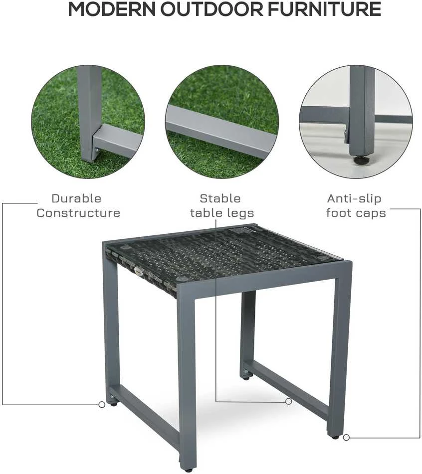 Outsunny® sodo stalas, šoninis staliukas su grūdinto stiklo stalviršiu, poliratanas + aliuminis