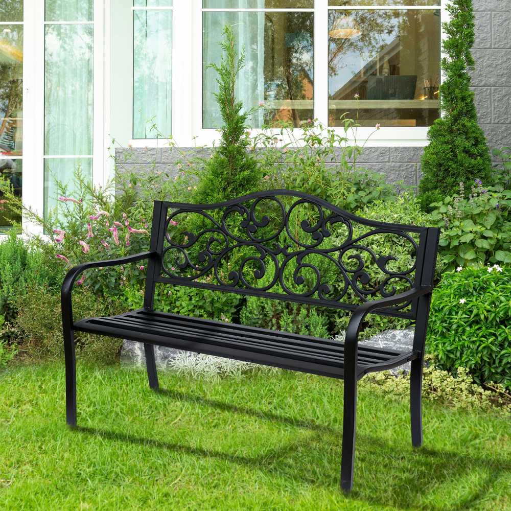 Outsunny 3-vietis sodo suoliukas, plieno suoliukas su porankiais, ketaus, juodas, 127x60x89cm