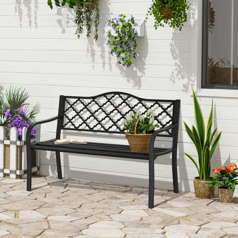 „Outsunny“ dvivietis sodo suoliukas, elegantiškas metalinis parko suoliukas, iki 240 kg, su atlošu ir porankiais, ketaus, juodas, 128x58,5x89 cm