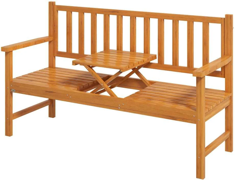 Outsunny 3 vietų sodo suoliukas su staliuku, porankiais, medinis, iki 280 kg, balkonui ir terasai, šviesiai rudas, 153x56x91 cm